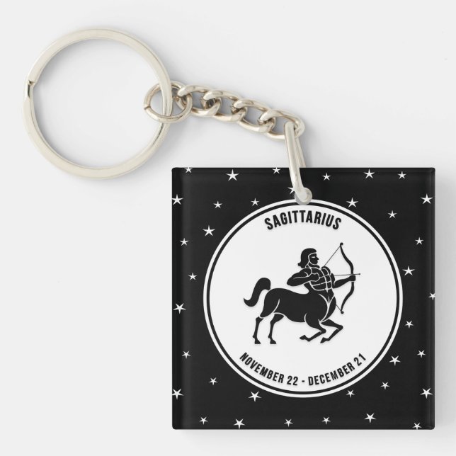 Llavero Rótulo Sagittarius Zodiac, Keychain Blanco y Negro (Frente)