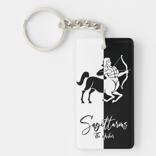 Llavero Rótulo Sagittarius Zodiac, Keychain Blanco y Negro (Frente)
