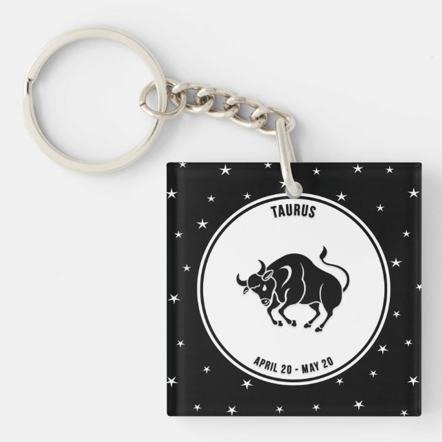Llavero Rótulo Taurus Zodiac, Keychain Blanco y Negro (Frente)