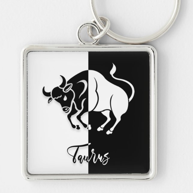 Llavero Rótulo Taurus Zodiac, Keychain Blanco y Negro (Frente)