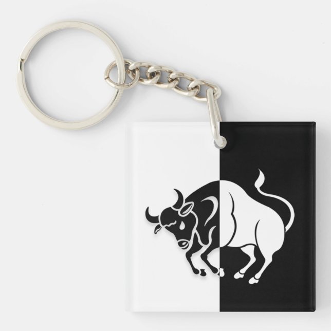 Llavero Rótulo Taurus Zodiac, Keychain Blanco y Negro (Frente)