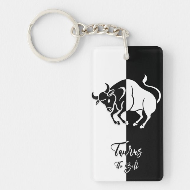 Llavero Rótulo Taurus Zodiac, Keychain Blanco y Negro (Frente)