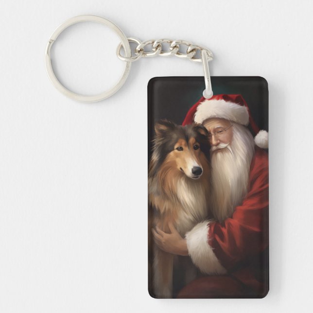 Llavero Rough Collie Con Navidades festivos de Santa Claus (Frente)