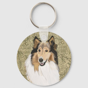 Llavero Rough Collie sobre un fondo floral marrón