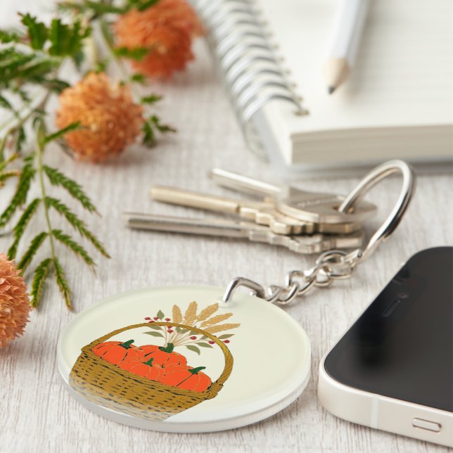 Llavero 🔑 **Round Pumpkins & Wheat Basket Keychain (Frente Derecha)