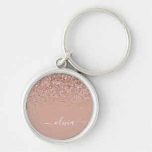 Llavero Rubor Rosa Dorado Rosa Glitter Monograma Femenina