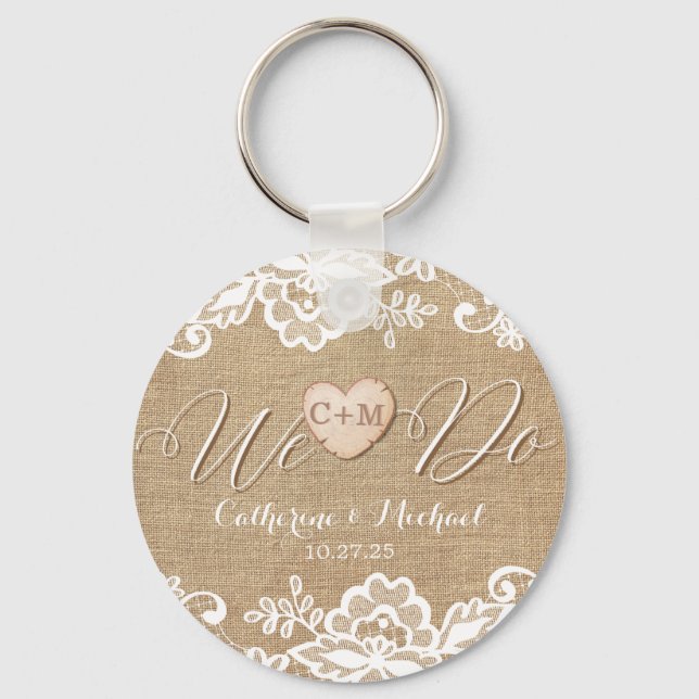 Llavero Rustic Burlap Lace and Wood Heart Name Initials  (Anverso)