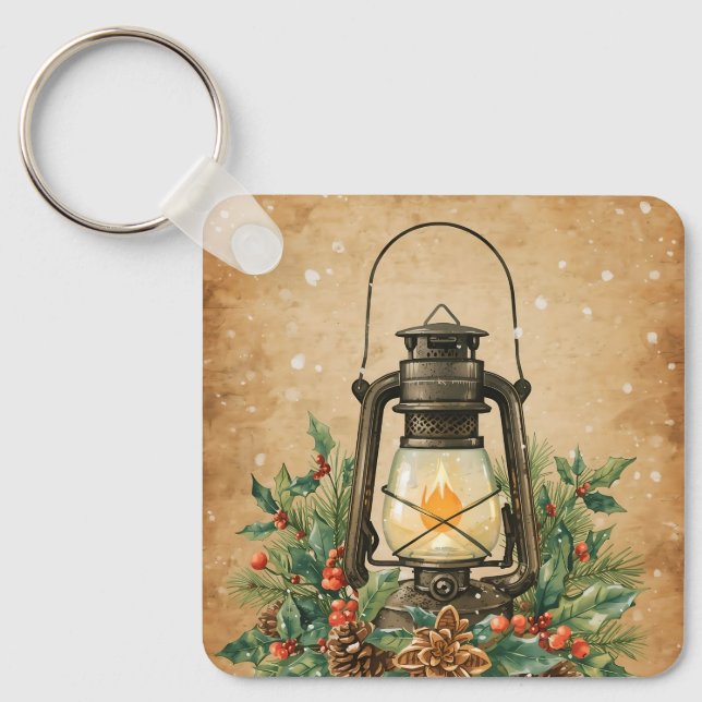 Llavero Rustic lantern holly pine festive winter christmas (Anverso)