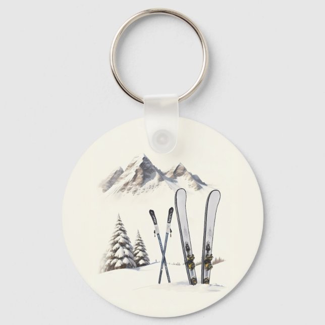 Llavero Rústico Watercolor Ski Snow Tree Mountain Winter (Anverso)