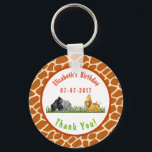Llavero Safari Jungle Animal Illustration Birthday Thanks<br><div class="desc">A cute thank you keychain for a birthday or baby shower. Designed with a safari theme. A watercolor illustration with a gorilla,  hippo,  lion and giraffe hanging out amongst the green grasses. Background pattern is an orange colored giraffe skin pattern.</div>