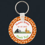 Llavero Safari Jungle Animal Illustration Birthday Thanks<br><div class="desc">A cute thank you keychain for a birthday or baby shower. Designed with a safari theme. A watercolor illustration with a gorilla,  hippo,  lion and giraffe hanging out amongst the green grasses. Background pattern is an orange colored giraffe skin pattern.</div>