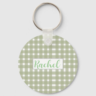 Llavero Sage Green White Gingham Personalizado
