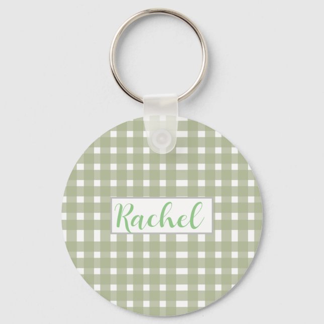 Llavero Sage Green White Gingham Personalizado (Anverso)