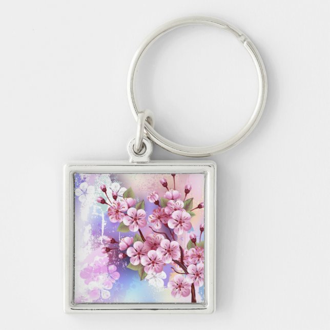 Llavero Sakura rosa sobre fondo de pintura (Frente)