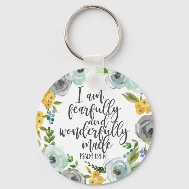 Llavero Salmo 139:14 Feroz y maravillosamente hecho floral (Anverso)