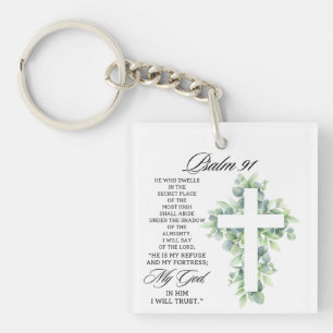Llavero Salmo 91:1-2 Cruz religiosa de follaje Versículo d