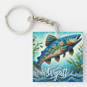 Llavero Salmón Mosaico Floral Azul Personalizado