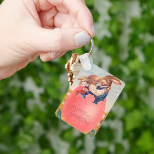 Llavero Saludo de Pascua Victoriano Antiguo Dos Conejos se