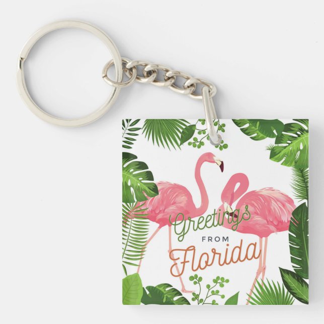 Llavero Saludos desde Florida, diseño tropical (Frente)