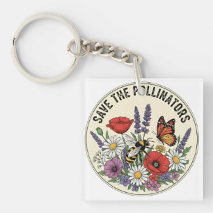 Llavero Salva al polinizador con abeja, mariposa y flores