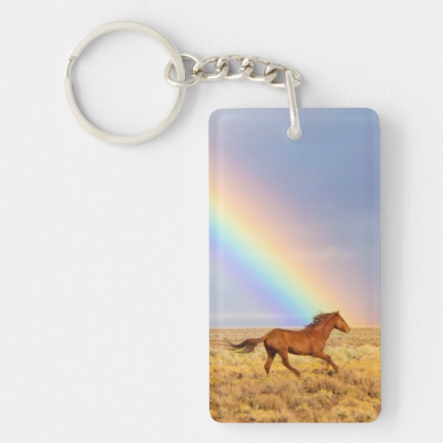 Llavero Salvaje caballo Mustang corriendo y arcoiris (Frente)