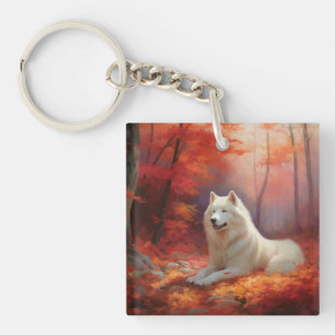 Llavero Samoyed en otoño se inspira en las hojas