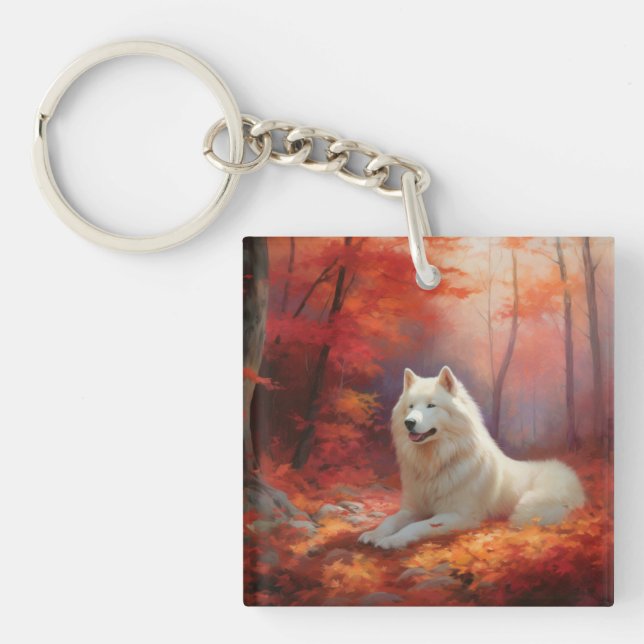 Llavero Samoyed en otoño se inspira en las hojas (Frente)