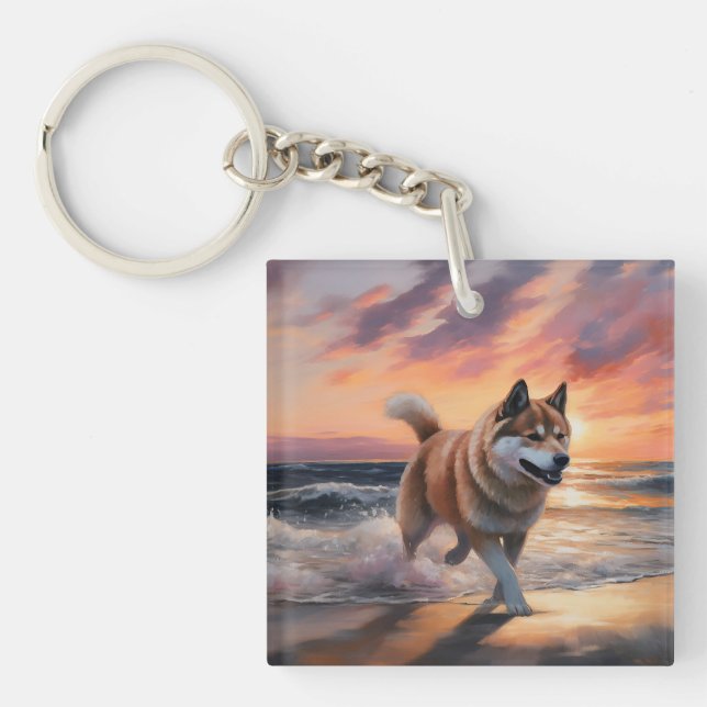 Llavero Sandy Paws Akita Dog en Beach Sunset (Frente)
