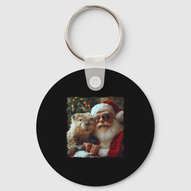 Llavero Santa And Beaver Selfie Funny Christmas Design  (Anverso)