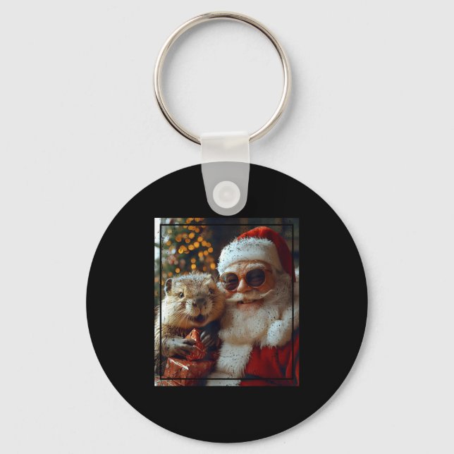 Llavero Santa And Beaver Selfie Funny Christmas Design  (Anverso)