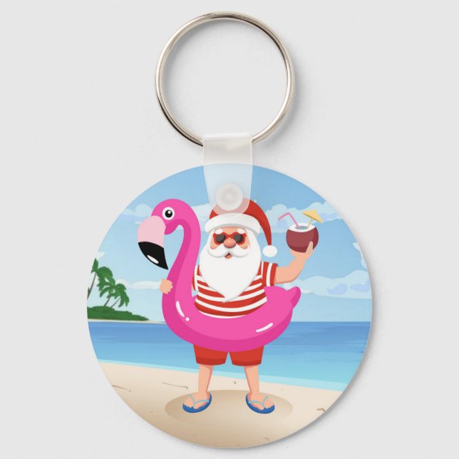 Llavero Santa Claus con anillo inflable de flamingo (Anverso)