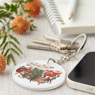 Llavero Santa Claus navideño vintage y niños bailando