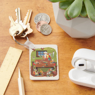 Llavero Santa Claus vintage con duendes en el taller