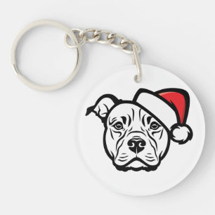 Llavero Santa Paws: Perro AmStaff con sombrero festivo