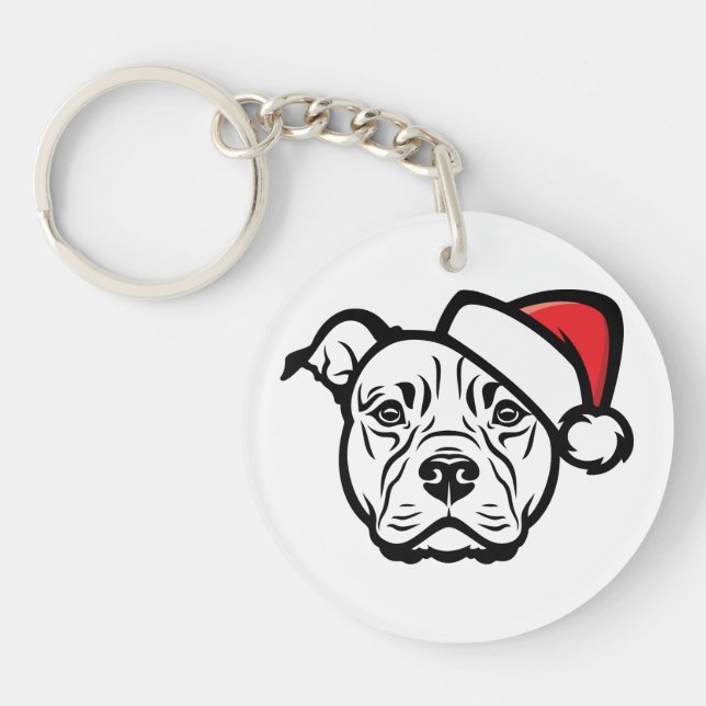 Llavero Santa Paws: Perro de AmStaff en Gorra festivo (Frente)