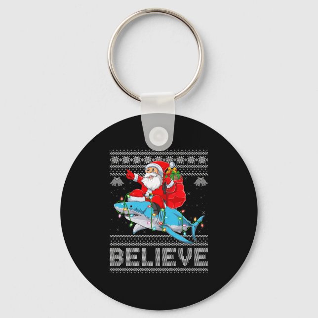 Llavero Santa Riding Shark Ugly Christmas Sweater Believe  (Anverso)