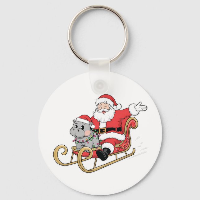 Llavero Santa Riding Sleigh con un bebé moo deng Hippo (Anverso)