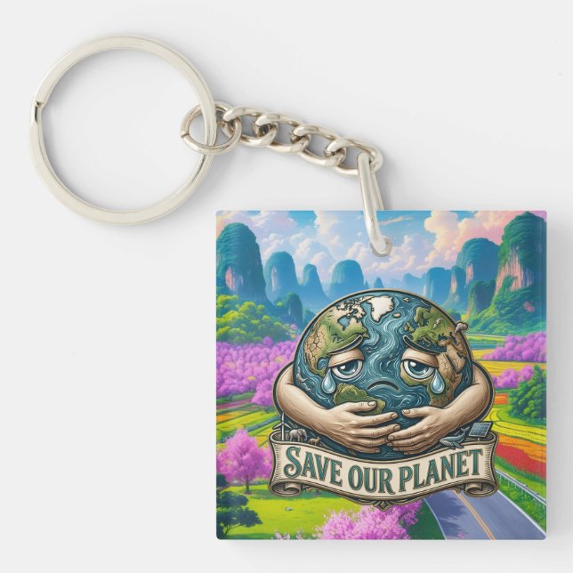 Llavero Save Our Planet Crying Earth Eco Awareness  (Frente)