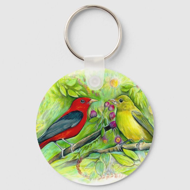 Llavero Scarlet Tanagers Watercolour Pencil Drawin (Anverso)