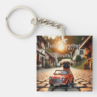 Llavero Schlüsselanhänger Mops im Mini Morris Auto 