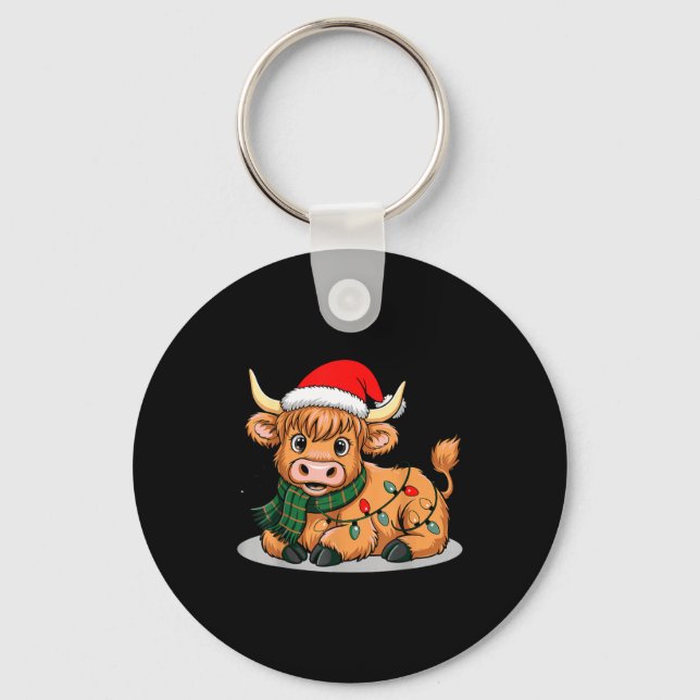 Llavero Scottish Highland Cow Christmas Lights Xmas Party  (Anverso)