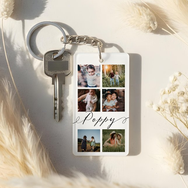 Llavero Script de disquete| Collage fotográfico nietos (Poppy Script | Grandchildren Photo Grid Collage Keychain)