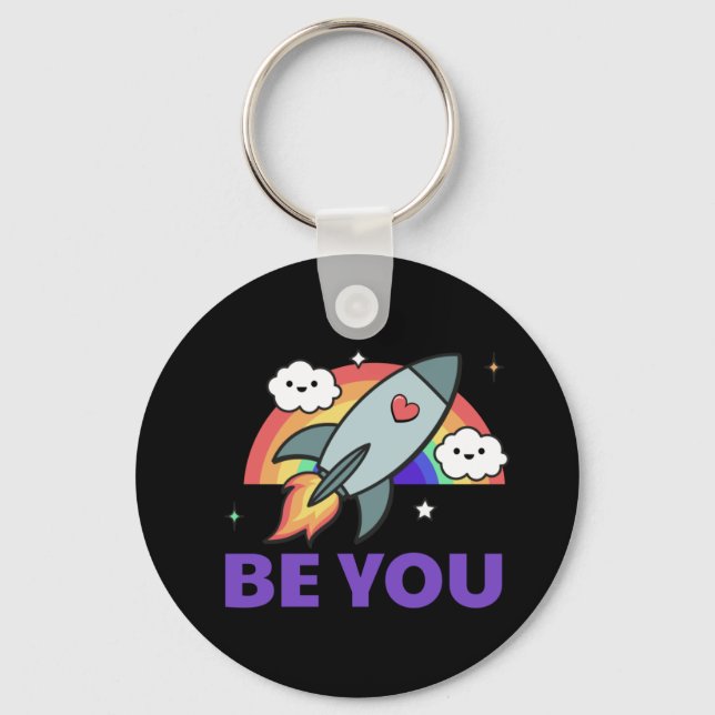 Llavero Sé tú. Nube de cohetes arco iris con corazón Keych (Anverso)