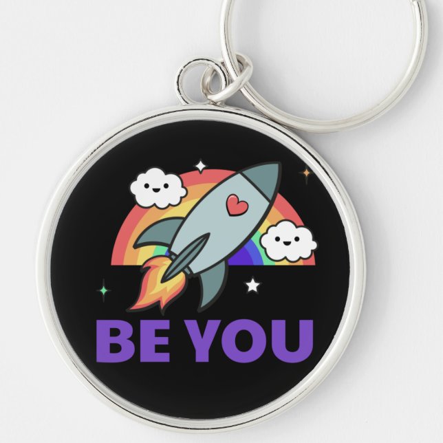 Llavero Sé tú. Nube de cohetes arco iris con corazón Keych (Frente)