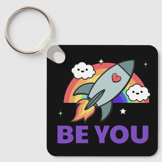 Llavero Sé tú. Nube de cohetes arco iris con corazón Keych (Anverso)