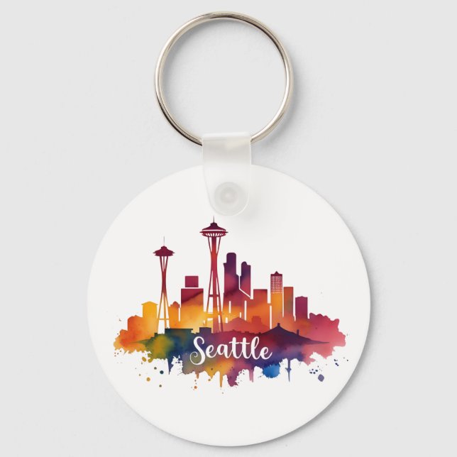 Llavero Seattle Ciudad acuarela Skyline (Anverso)