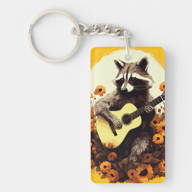 Llavero Serenata de Guitarra de Mapache en Girasoles (Frente)