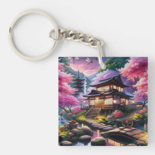 Llavero Serene Jardín Japonés en la pintura al atardecer
