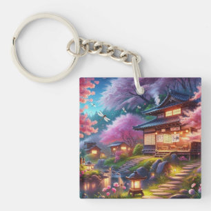 Llavero Serene Jardín Japonés en Pintura de Crepúsculo