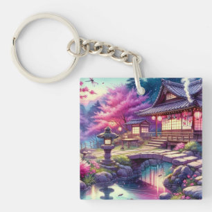 Llavero Serene Jardín Japonés en Pintura de Crepúsculo